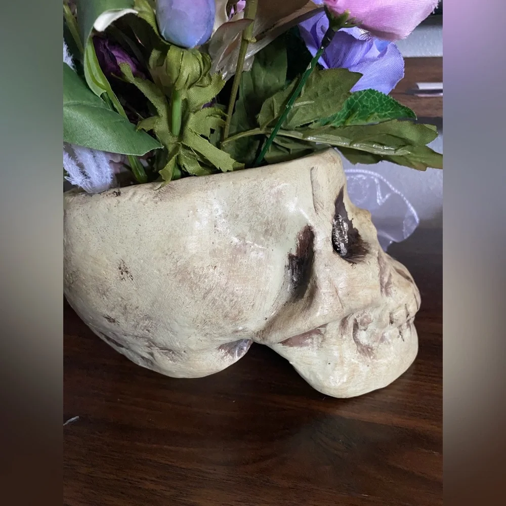 Charming Skull Vase with Rhinestone Eyes and Faux Florals